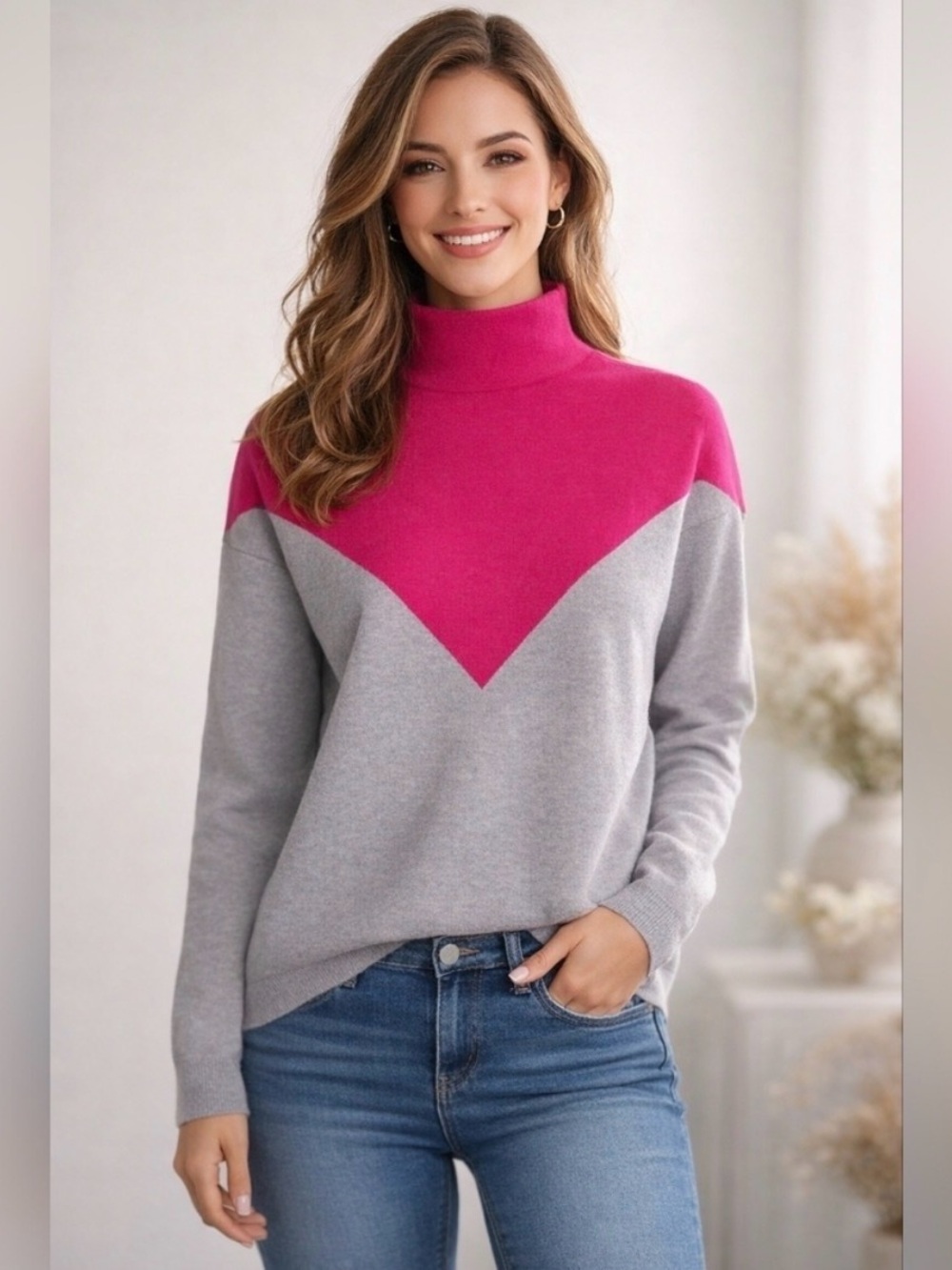 Cynthia Rowley Pink Gray Chevron Colorblock Mock Neck Sweater L